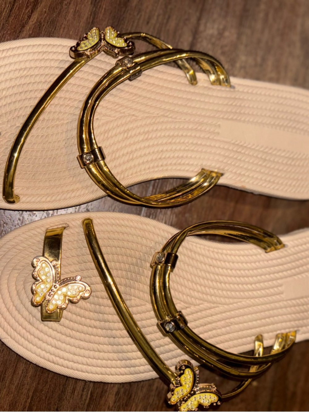 Gold Butterfly Strap Sandals in Beige
